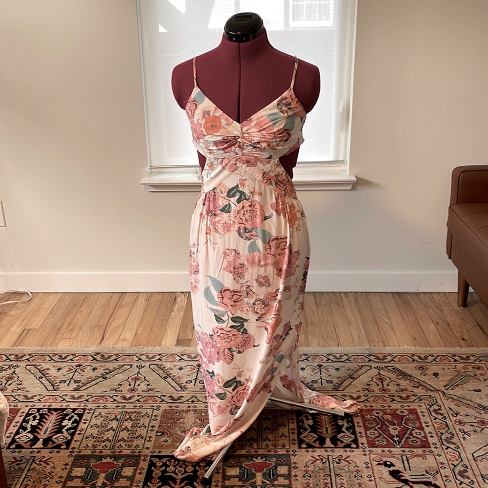 Floor length backless floral sundress with cutouts